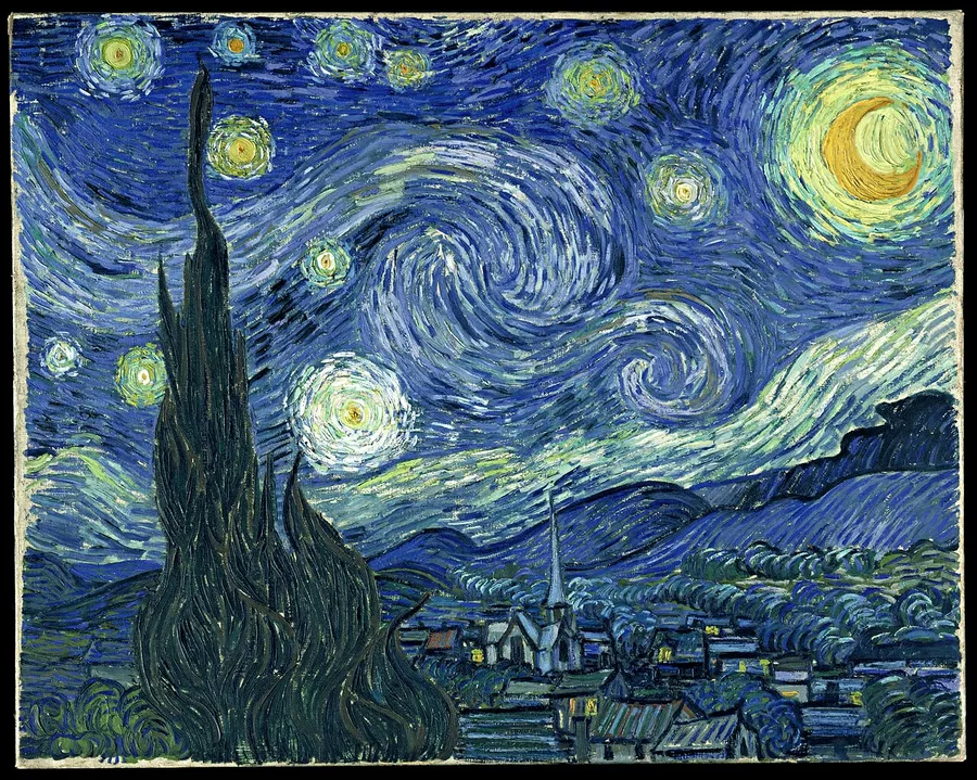 Van Gogh's The Starry Night with its swirling night sky and bright stars
