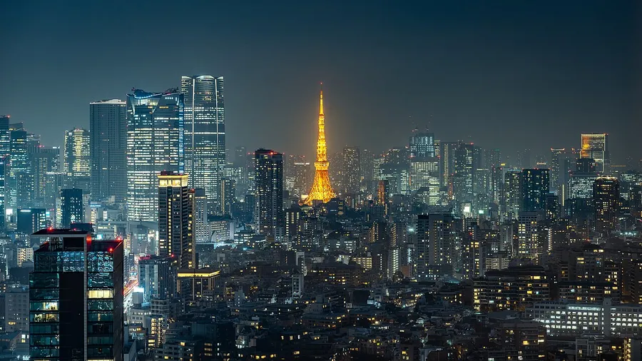 The huge Tokyo skyline lit up with city lights at night