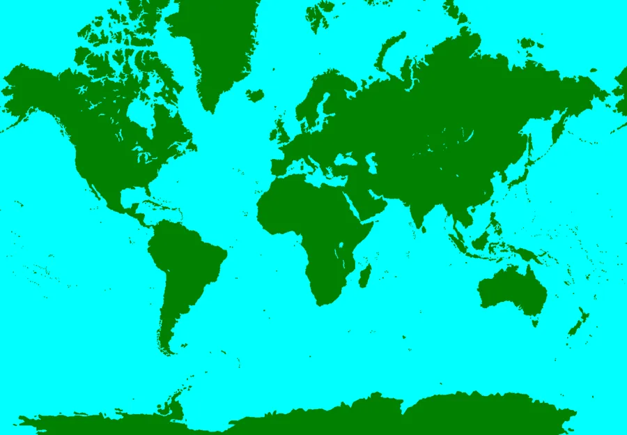 A flat Mercator projection world map showing stretched continents