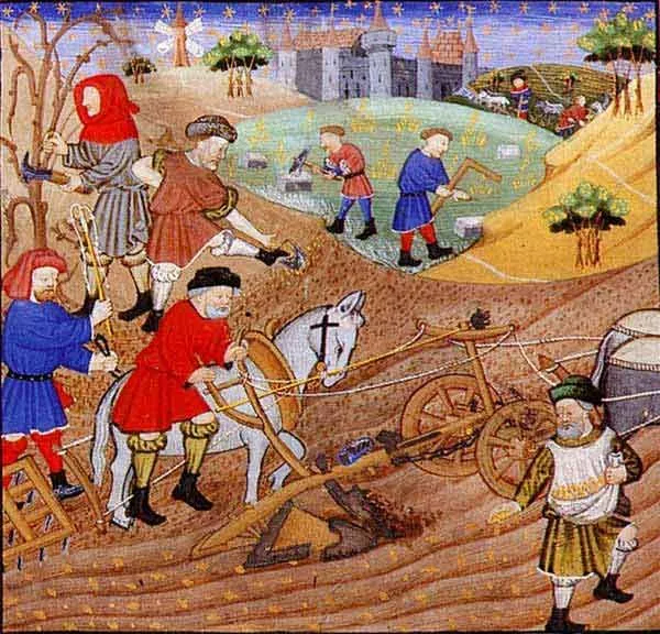 A medieval painting of peasants working in the fields at harvest