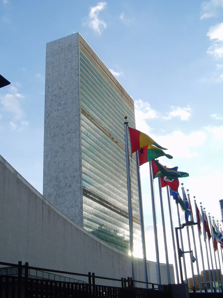 Rows of national flags outside the United Nations headquarters