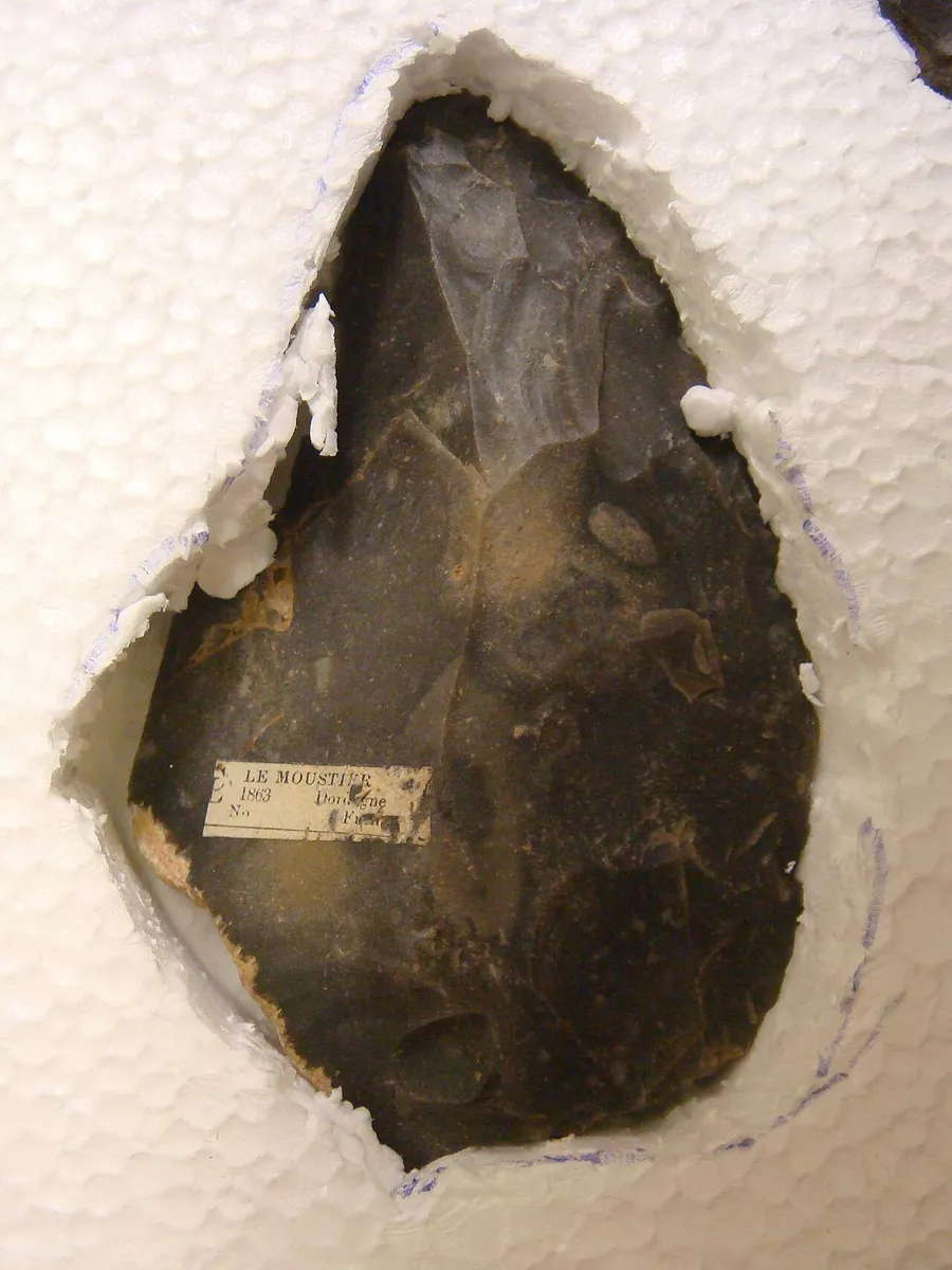 A chipped flint hand axe with a sharp cutting edge