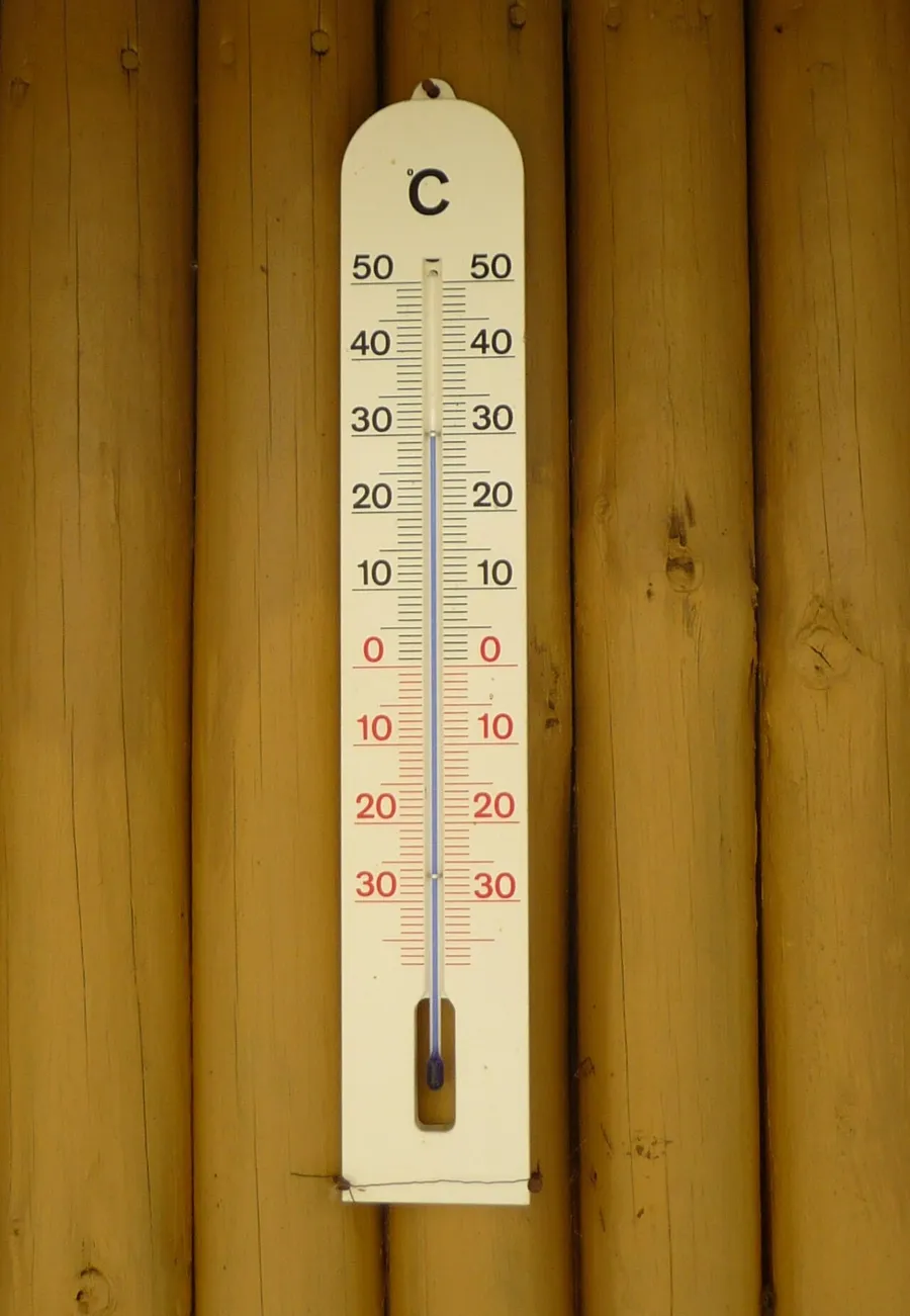 An outdoor thermometer reading below zero to show negative numbers