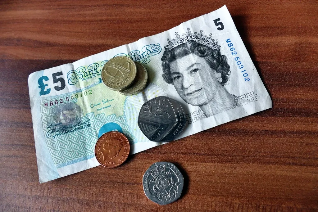 A stack of British pound coins and pence laid out as money