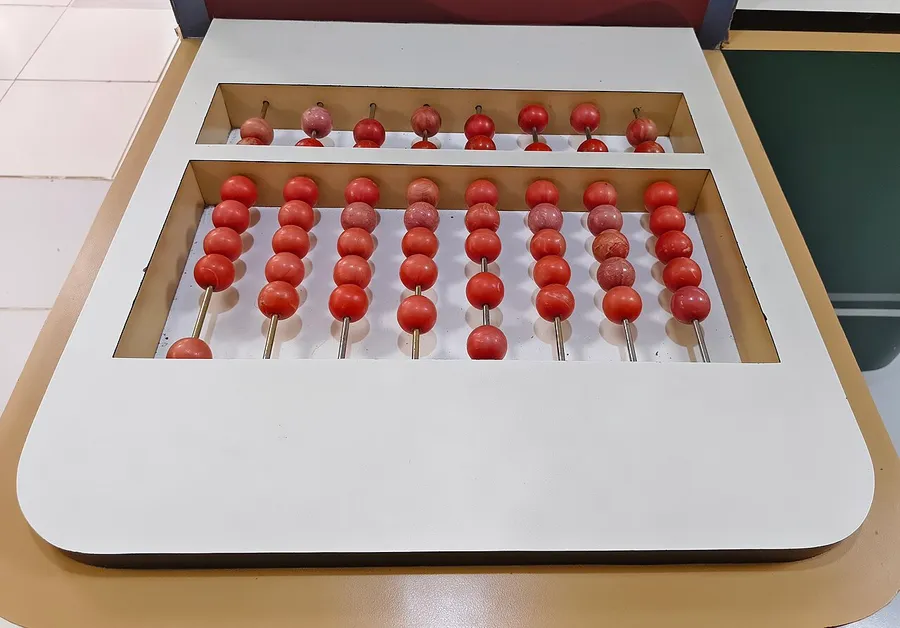A colourful abacus with rows of beads for skip-counting in groups