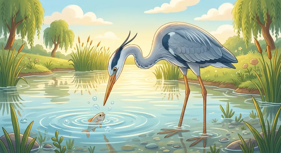 A grey heron standing in shallow water hunting for prey