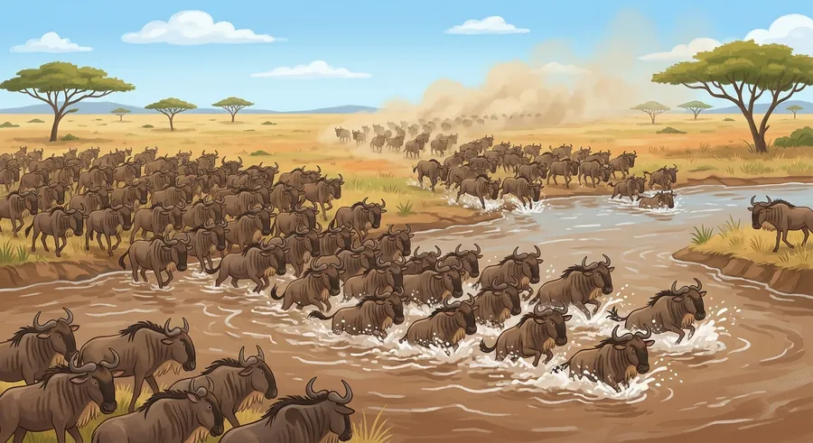 A huge herd of wildebeest crossing a river on the Serengeti plains