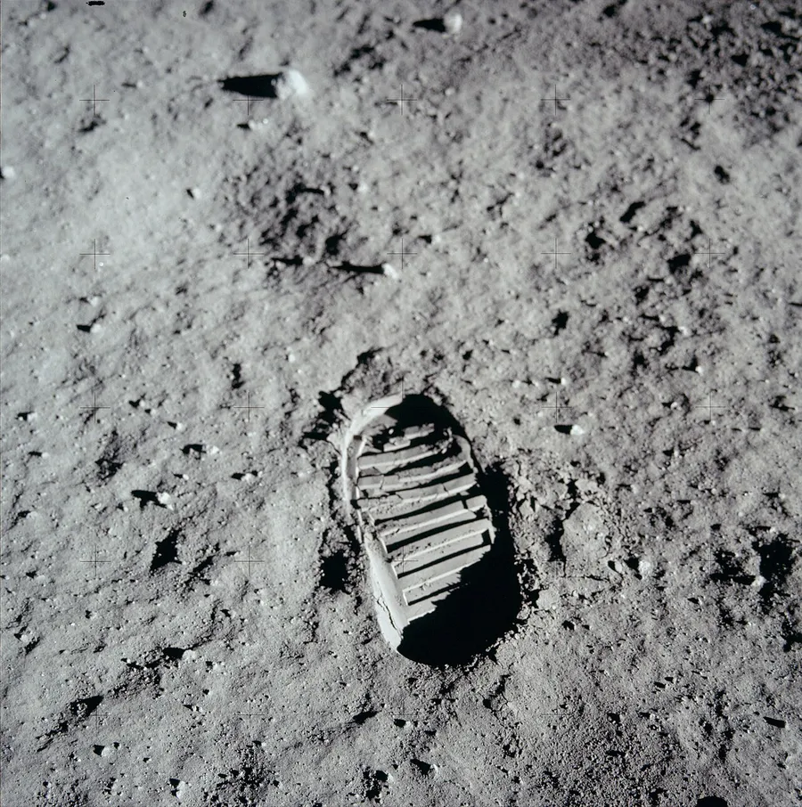 An astronaut's boot print left in the grey lunar dust
