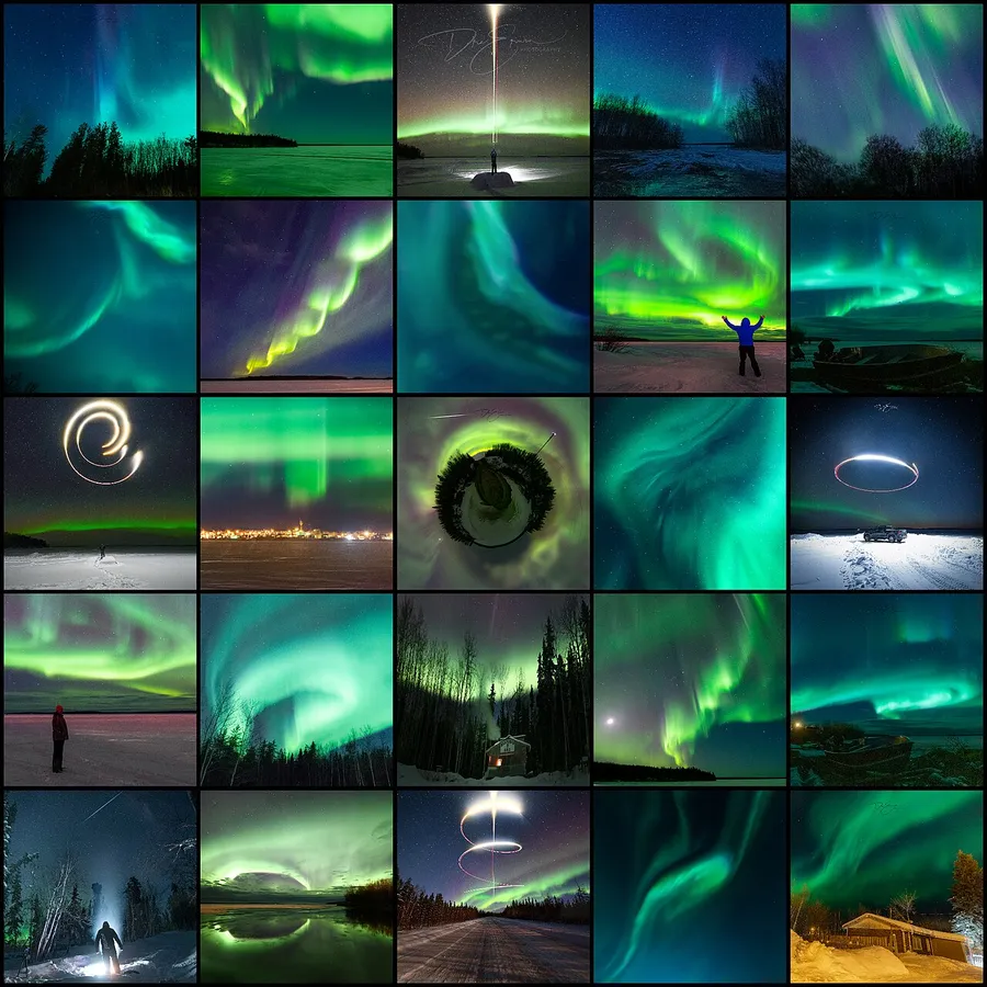 Curtains of green and purple aurora rippling across the night sky