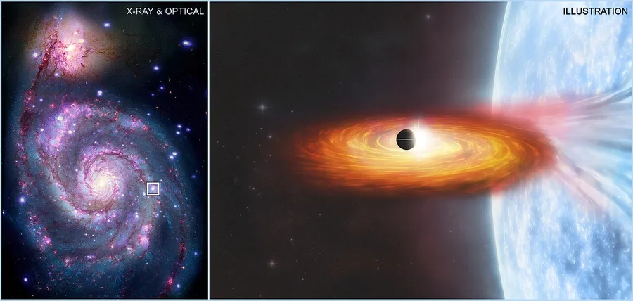 A planet crossing in front of its star, dimming the starlight slightly