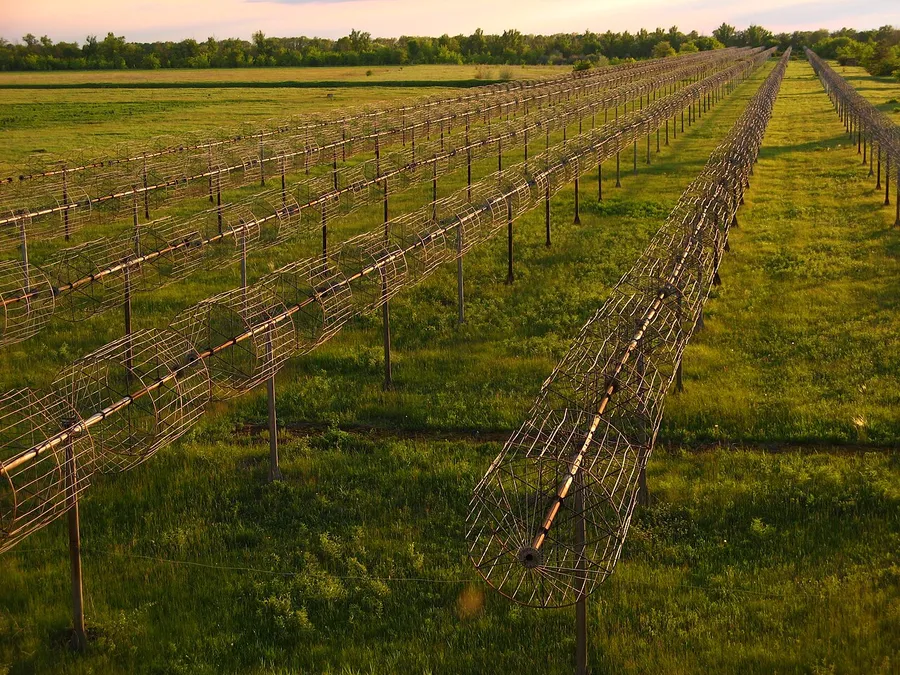 A field of radio telescope dishes scanning the sky for signals